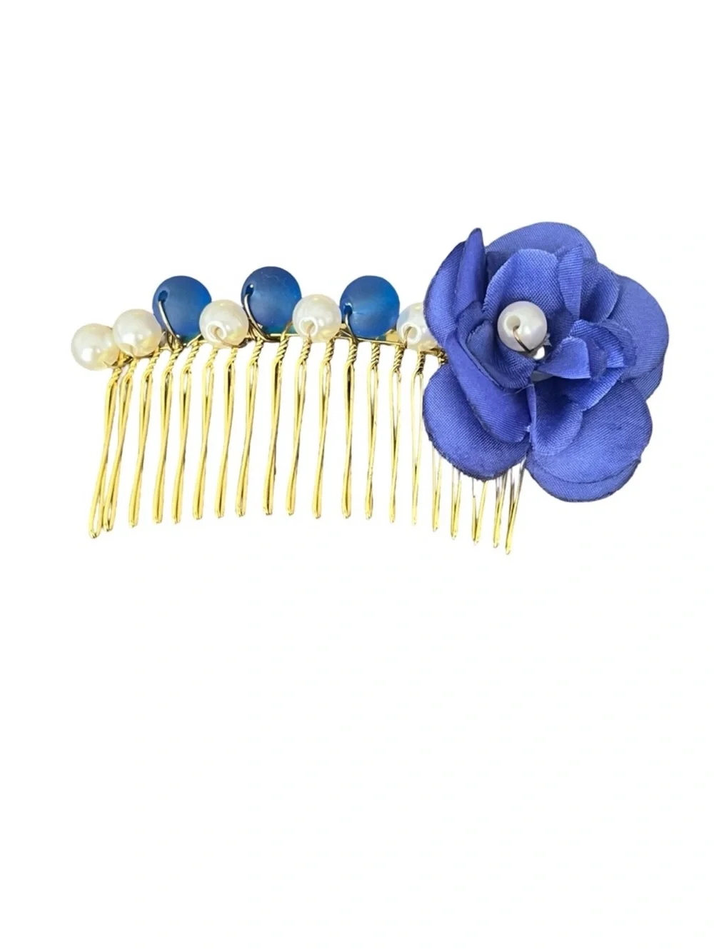 Gold Hair Comb with Blue Flower and Pearls - Women's Accessory FINAL PRICE DROP